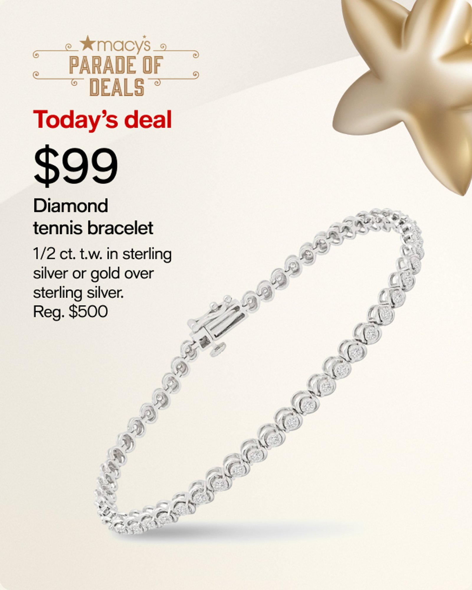 $99 1/2cttw Diamond Tennis Bracelet in sterling silver and gold over silver